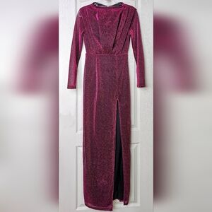 Faeriesty Womens Elegant Sparkly Glittery Magenta Gown, Thigh Slit, Sheer Arms S